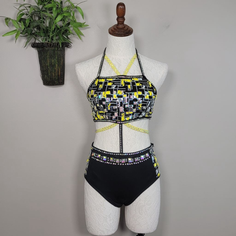 Dance AS Glamour Costumes Black Yellow Sequin Rhinestone Two Piece High Waist